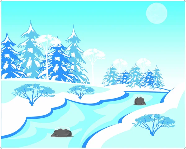 Vector Illustratie Van Het Winterlandschap Met Beek Hout — Stockvector