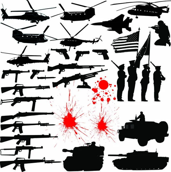 Set Various Military Related Vector Silhouettes — Stock Vector