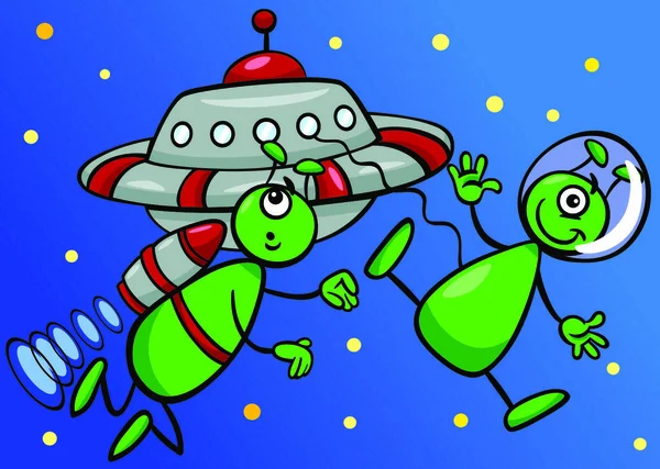 Ilustración Dibujos Animados Dos Extraterrestres Personajes Marcianos Espacio Con Ufo — Vector de stock