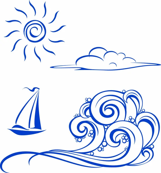 Ondas Barco Nubes Sol Ilustración Vectorial Blanco — Vector de stock