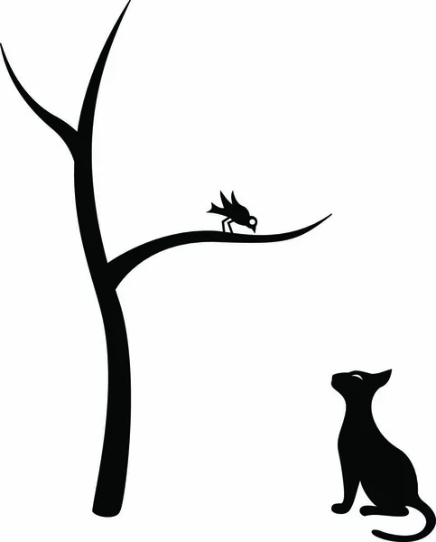 Svart Isolerad Silhuett Katt Och Fågel — Stock vektor