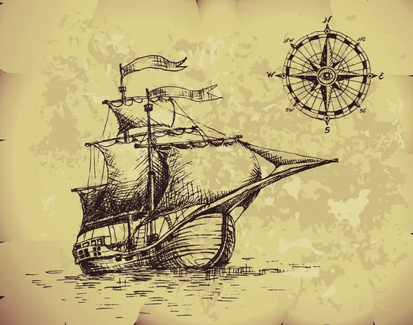 旧纸上的手绘帆船和指南针 第8集 Cmyk 按层次组织 全球色彩 所用的梯度 — 图库矢量图片