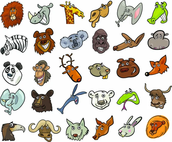 Desenhos Animados Vector Ilustração Diferentes Engraçados Animais Selvagens Cabeças Enorme —  Vetores de Stock