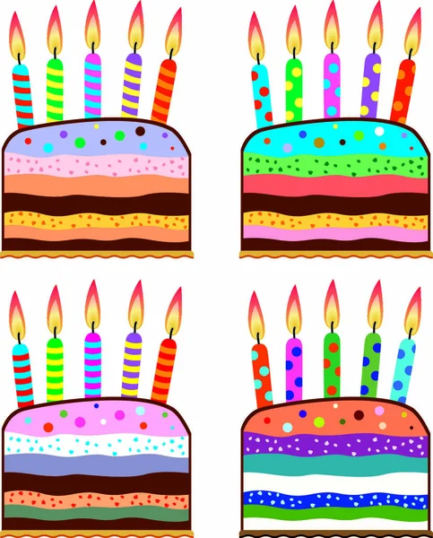 一套五颜六色的生日蛋糕 点着蜡烛 — 图库矢量图片