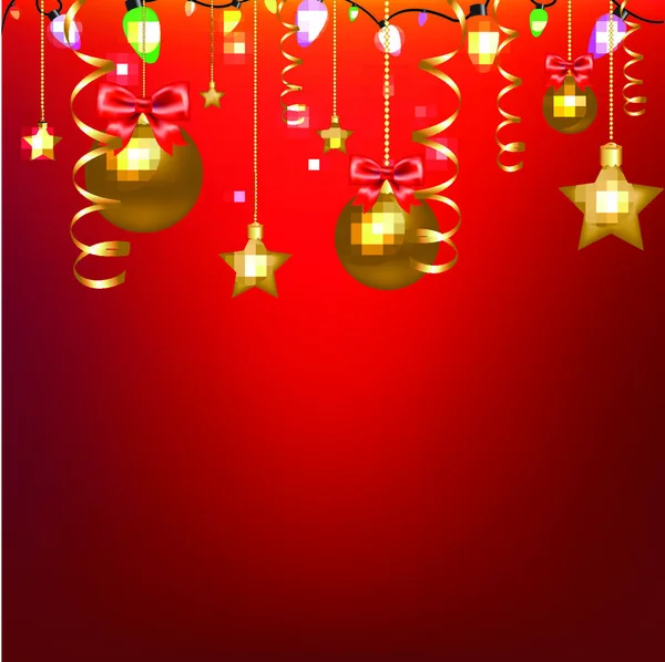 Tarjeta Roja Con Estrellas Bola Navidad Con Malla Gradiente Ilustración — Vector de stock