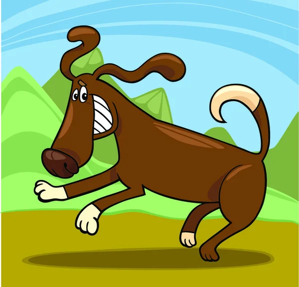 Dibujos Animados Ilustración Funny Running Juguetón Perro Contra Escena Rural — Vector de stock