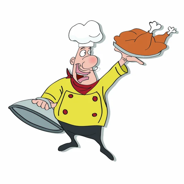 Grappige Cartoon Chef Met Dienblad Van Voedsel Hand Vector Illustratie — Stockvector