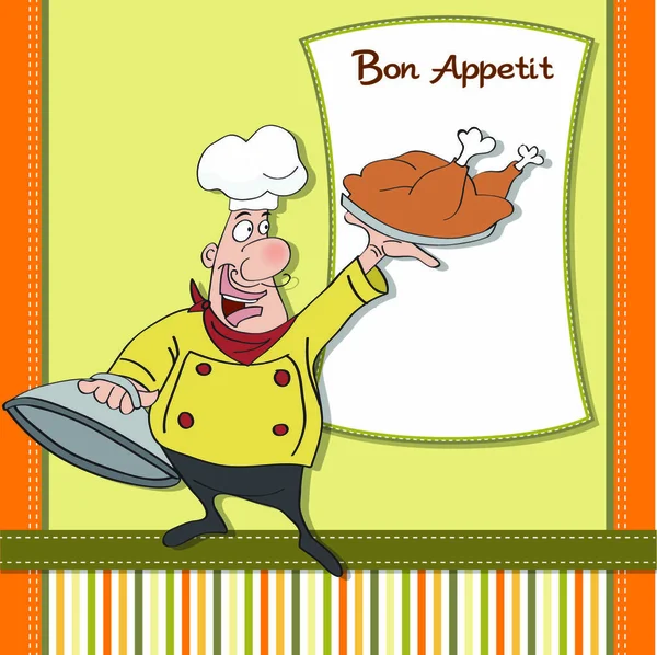 Grappige Cartoon Chef Met Dienblad Van Voedsel Hand Vector Illustratie — Stockvector