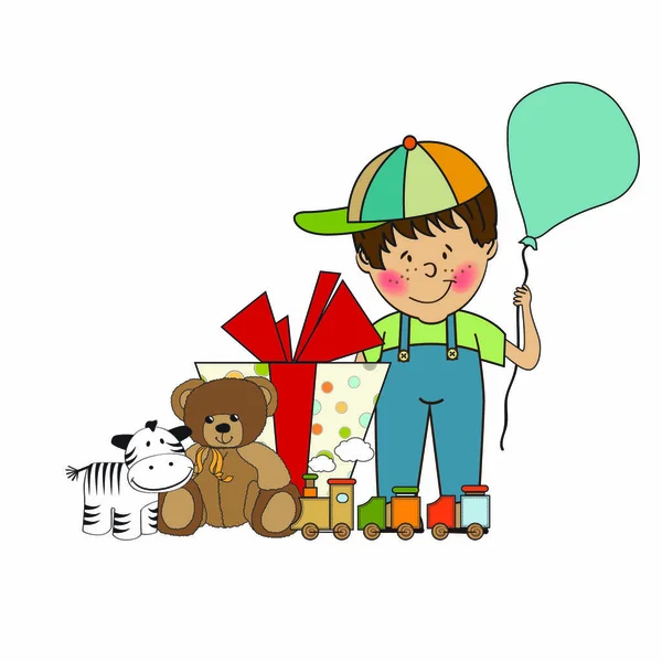 Tarjeta Felicitación Cumpleaños Con Niño Pequeño Regalos — Vector de stock