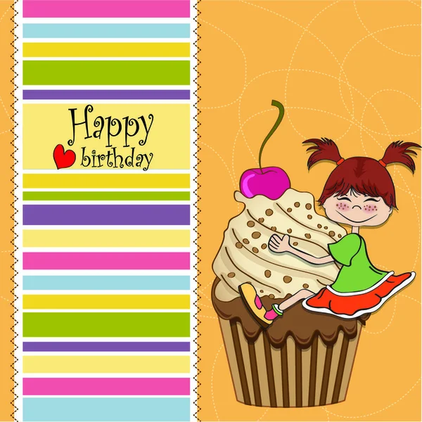 Tarjeta Cumpleaños Con Chica Divertida Encaramado Cupcake — Archivo Imágenes Vectoriales