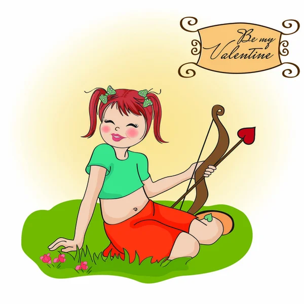 Joven Chica Bonita Con Arco Cupido Tarjeta Día San Valentín — Vector de stock