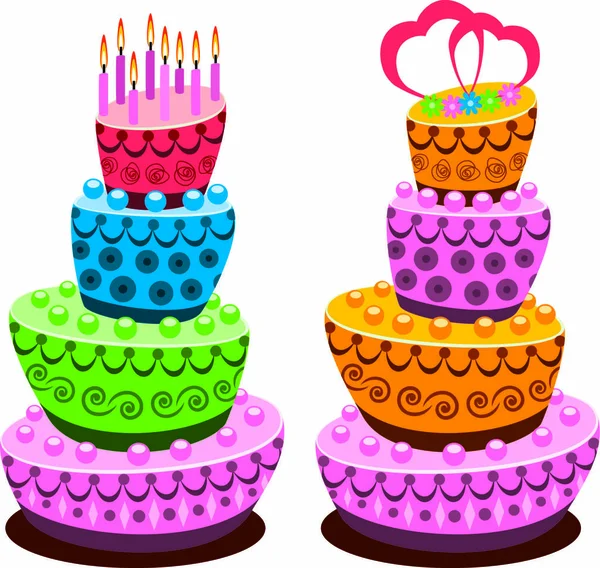 Vector Birthday Wedding Cakes Burning Candles Hearts — Stock Vector