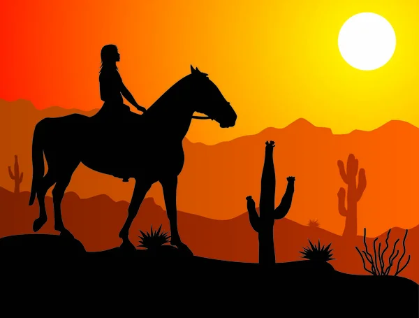 Vector Woman Horse Desert Sunrise Sunset — Stock Vector