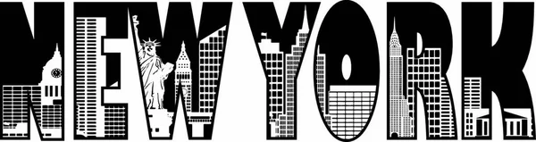 New York City Skyline Tekst Overzicht Silhouet Zwart Wit Illustratie — Stockvector