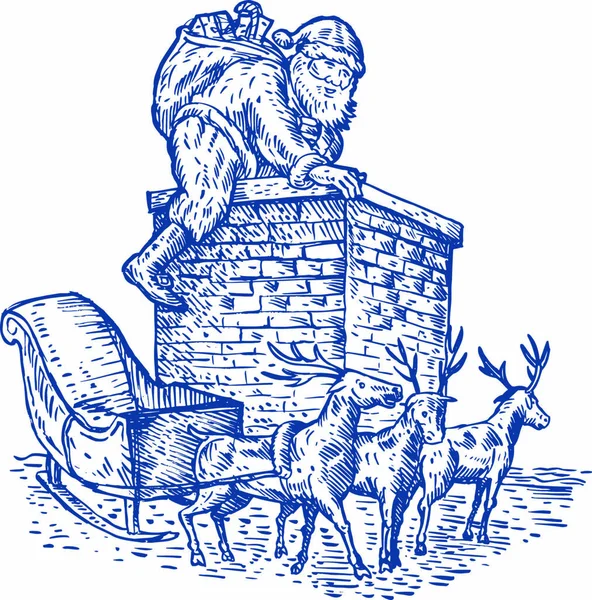 圣诞老人与驯鹿一起爬过烟囱爬上黑白相间的孤立背景的图景 — 图库矢量图片