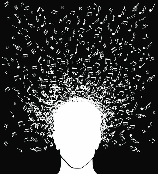 人間の男性の頭の音楽のノートスプラッシュイラスト 簡単な操作とカスタムの着色のためのベクトルファイルの層 — ストックベクタ