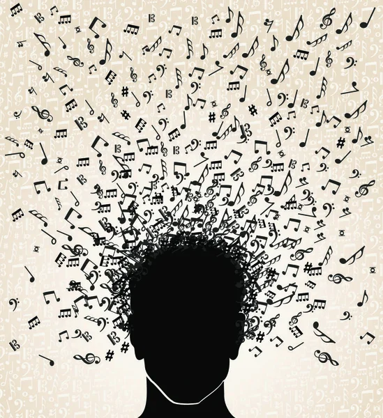 音楽ノートを持つ人間の頭が出てくる 白い背景 簡単な操作とカスタムの着色のためのベクトルファイルの層 — ストックベクタ