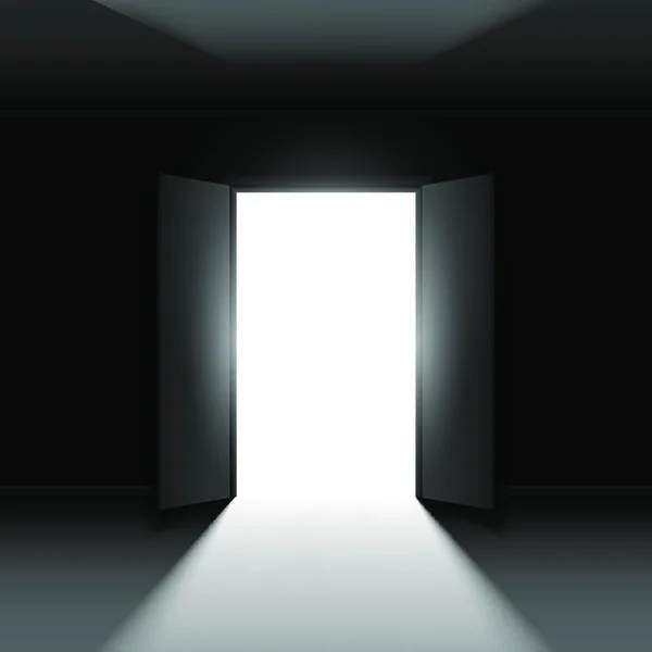 Double Open Door Light Illustration Black Empty Background — Stock Vector