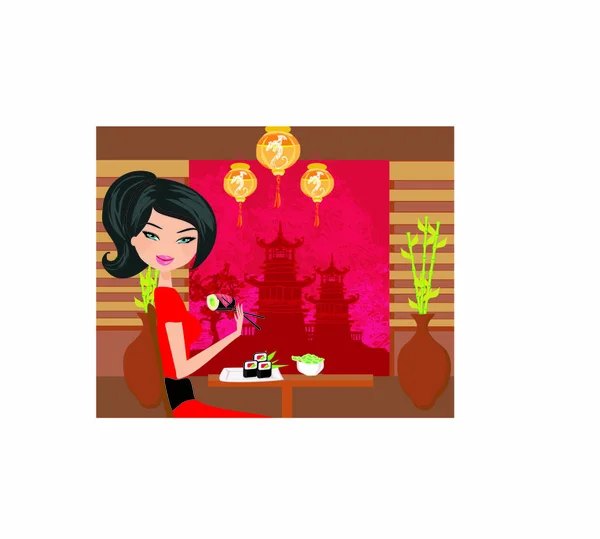 Beautiful Girl Enjoy Sushi — Stock Vector