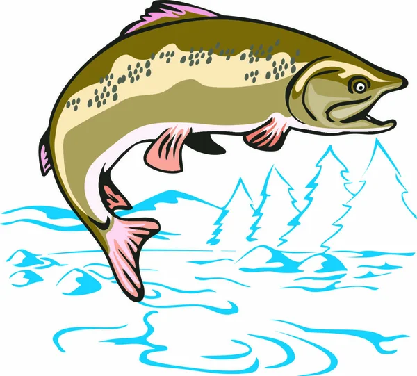 レトロなスタイルで行われた側面から見たマスの魚ジャンプのイラスト — ストックベクタ