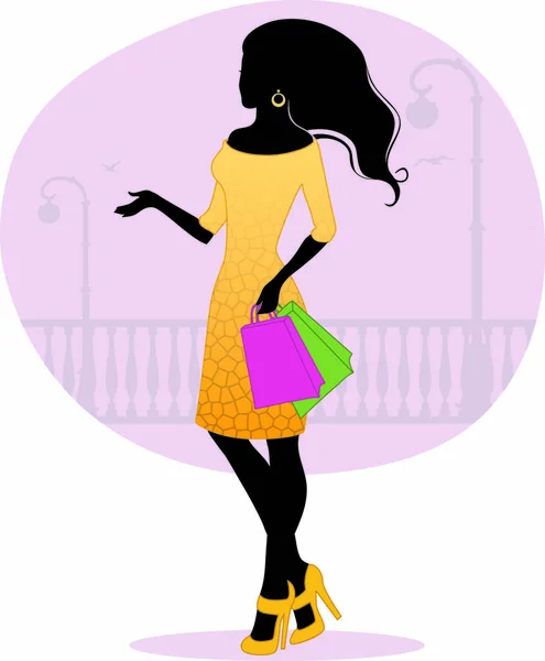 Ilustración Vectorial Silueta Mujer Con Bolsas — Vector de stock