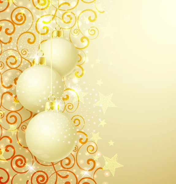 Fondo Navidad Oro Con Bolas Navidad Remolinos — Vector de stock