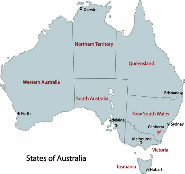 Mapa Cinzento Austrália Com Regiões Principais Cidades —  Vetores de Stock