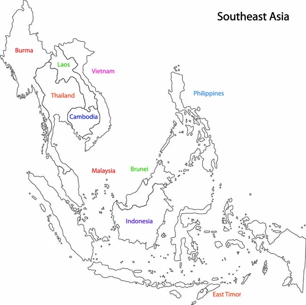 Mapa Del Sudeste Asiático Dividido Por Los Países — Vector de stock