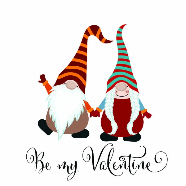 Valentine Apos Kartu Hari Dengan Gnome Pasangan Cinta Kartu Skandinavia - Stok Vektor