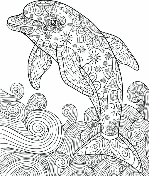 Cute Dolphin Ornaments Waves Image Relaxing Coloring Book Page Adults — стоковый вектор