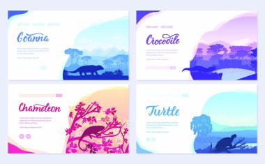 Brochures with varieties of reptiles. Animals in their habitat. Flyers with wild animals in nature. Template of magazines, poster, book cover, banners. Landscape invitation. vector Brochures with varieties of reptiles. Animals in their habitat. Flyers with wild animals in nature. Template of magazines, poster, book cover, banners. Landscape invitation. vector