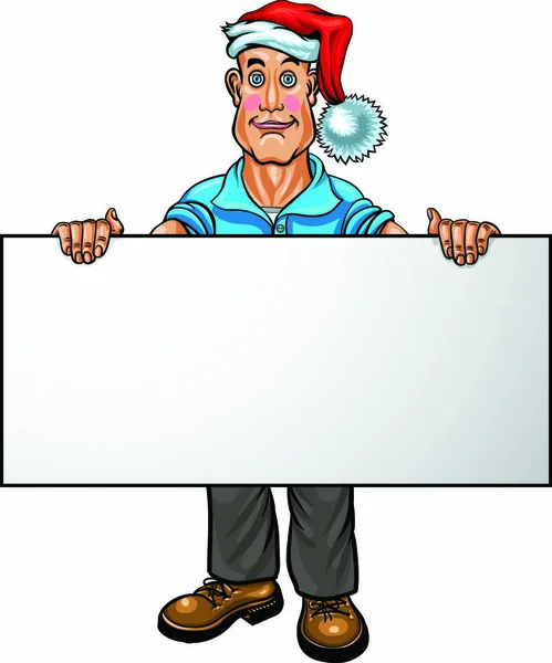 Hombre Del Sombrero Santa Lleva Una Pancarta Publicitaria Sus Manos — Vector de stock