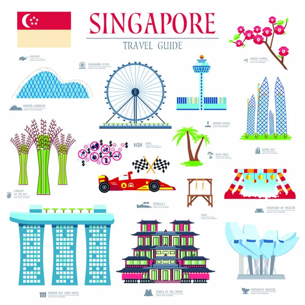 País Singapur Guía Vacaciones Viajes Bienes Lugares Características Conjunto Arquitectura — Vector de stock