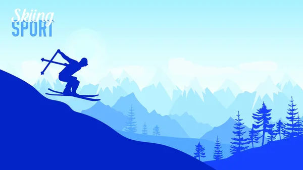 高山滑雪比赛的例证 体育生活方式的设计理念 滑雪者在高山的背景上从山上滑行 自然晨景背景 — 图库矢量图片