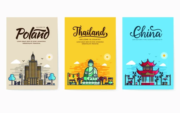 Conjunto Esquemas Diferentes Ciudades Para Destinos Viaje Hitos Banner Delgada — Vector de stock