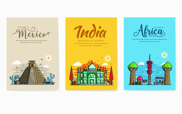 Seyahat Yerleri Için Farklı Şehirler Ilanları Dergiler Posterler Kitap Kapakları — Stok Vektör