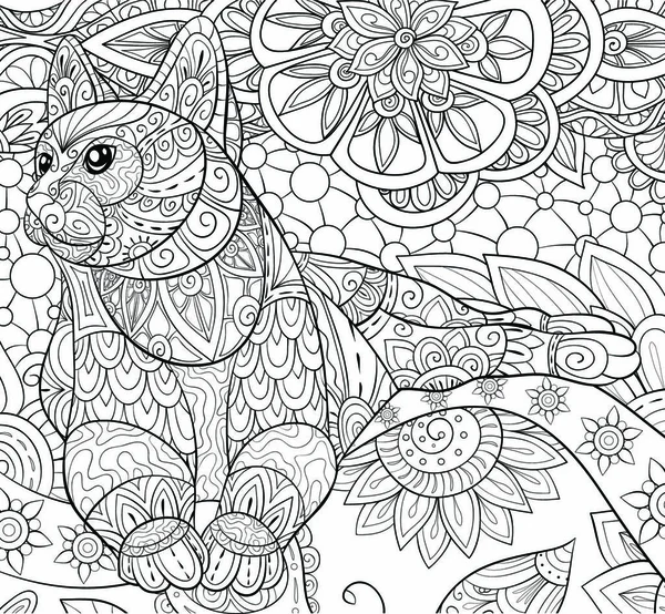 Lindo Gato Fondo Con Flores Imagen Para Adultos Para Una — Vector de stock