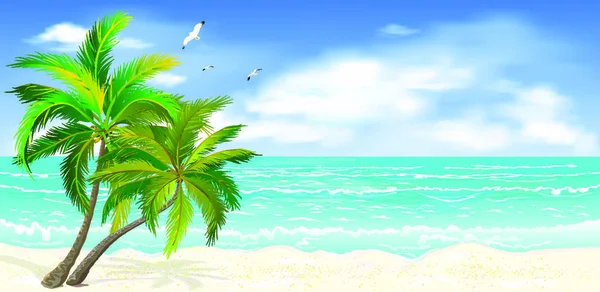 Морской Тропический Пейзаж Песчаный Пляж Пальмами Берег Моря Пальмами Голубым — стоковый вектор