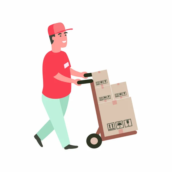 Man Carries Cart Boxes Delivery Goods Dolly Hand Delivery Guy — Stock Vector