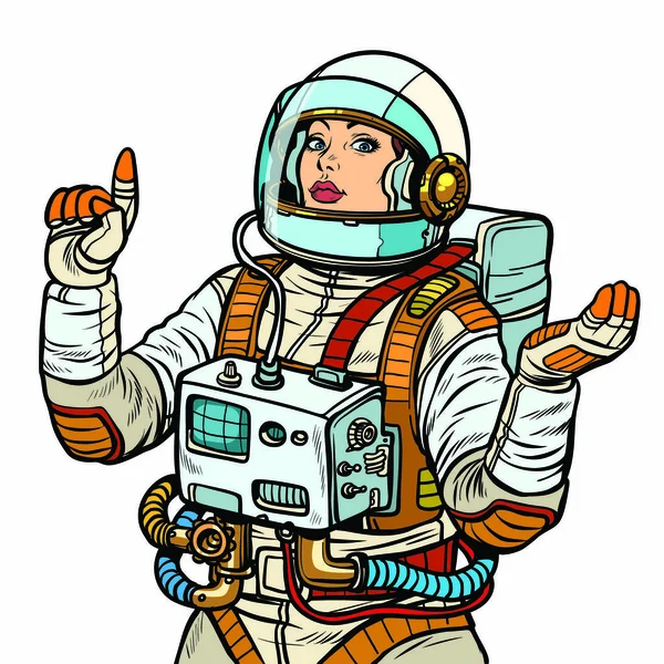 Mulher Astronauta Exploração Espacial Isolada Fundo Branco Pop Arte Retro — Vetor de Stock