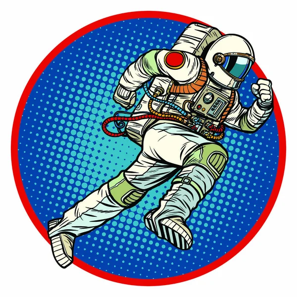Astronauta Corre Para Frente Emblema Rodada Pop Arte Retro Vetor — Vetor de Stock