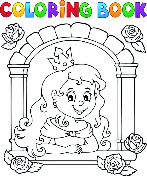 Livre Colorier Princesse Dans Fenêtre Thème Illustration Vectorielle Eps10 — Image vectorielle