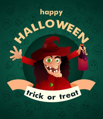 Vektör çizimi. Cadılar Bayramı Partisi. Çizgi film karakteri komik cadı. Şaka mı şeker mi?.