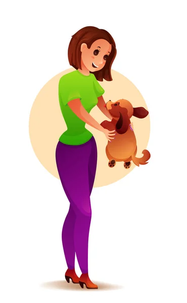 Cartoon Character Young Woman Playing Dog — Stock Vector