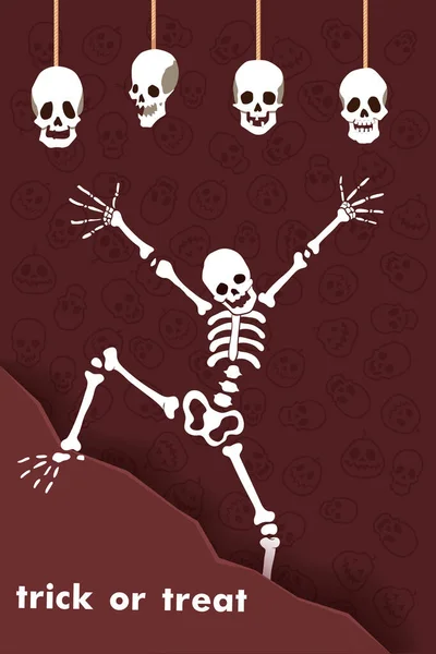 Ilustracja Wektora Halloween Party Postać Kreskówki Zabawny Szkielet Czaszkami Cukierek — Wektor stockowy