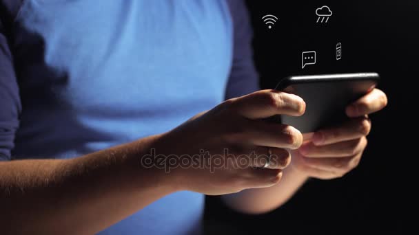 Closeup of young man hands typing sms scrolling pictures phone — Stock Video