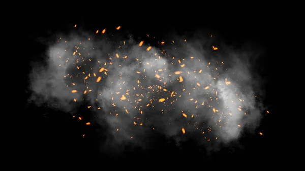 Частицы огня воздействуют пыли обломки изолированы на черном фоне, движение порошок спрей взрыв . — стоковое фото