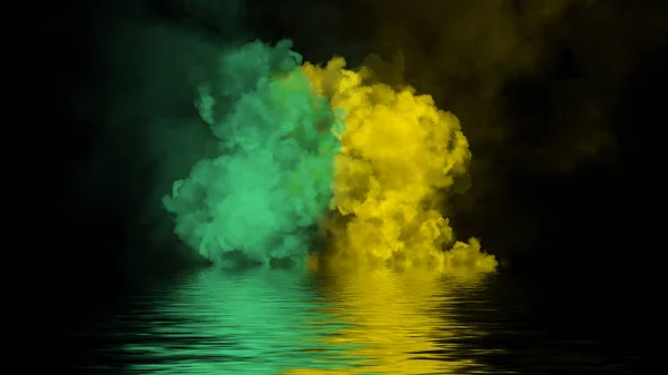 Explosión de color verde y amarillo humo con reflejo de agua. Fondo negro aislado. Elemento de diseño . —  Fotos de Stock