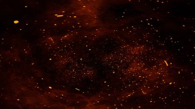 Ateş parçacık dokusunu alevlendirir. İzole edilmiş siyah arka planda patlama. Stok çizimi. Tasarım ögesi.