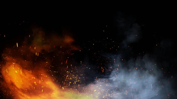 Ateş parçacıkları közlü hareket dumanı. Stock Illustration 'da. İzole edilmiş siyah arkaplanda sis dokusu. — Stok fotoğraf